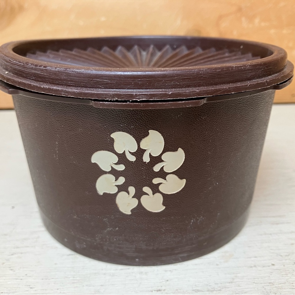Vintage Tupperware Brown Circular Storage Container with Cream Floral Motif